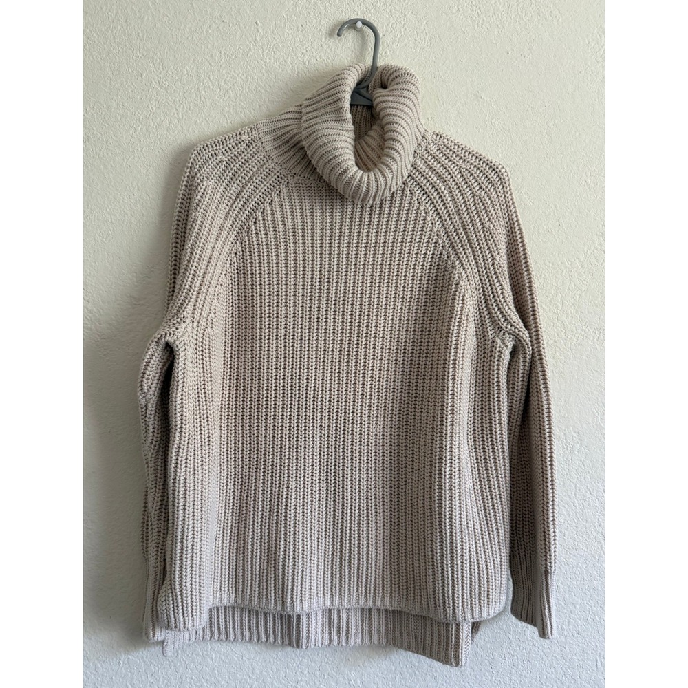 525 America Women Beige Cotton Shaker Knit Turtleneck High Low Sweater Size M